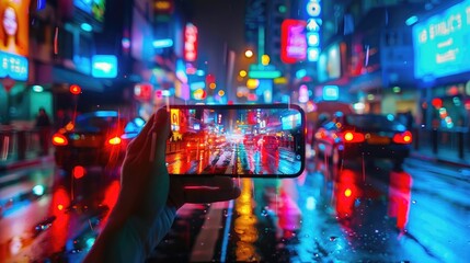 Smartphone capturing neon-lit street on rainy night.