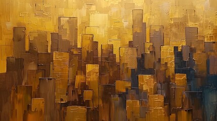 Golden Cityscape, Large Abstract Oil Painting on Canvas, Custom Modern Art with Textured Golden Buildings