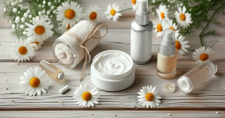 Fototapeta na wymiar A Delicate Composition of Skin Care Products and Chamomile Flowers on a Wooden Table