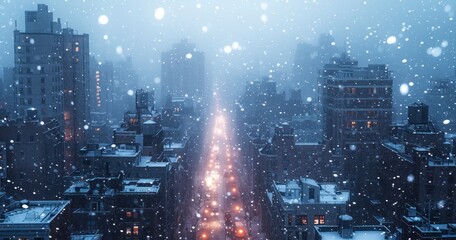 Snow-Covered Metropolis. A Sudden Swirl of Snowflakes Enveloping Urban Life