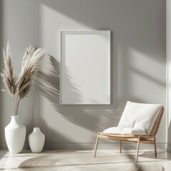 thin white poster frame mockup on a minimalist decor, tilted side view, angle shot