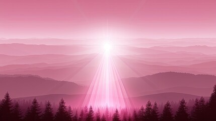 Pink sunrise over layered mountain landscape with shining rays.