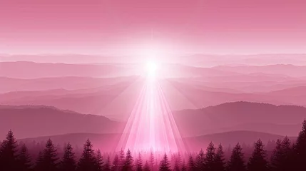 Fototapeten Pink sunrise over layered mountain landscape with shining rays. © AdriFerrer