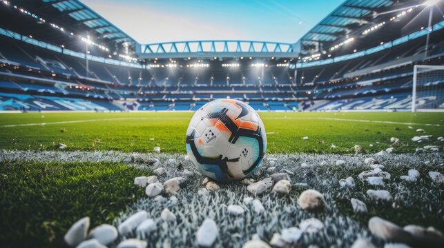 soccer pitch, camera inside the stadium, we can see the grandstands, the premier league official ball, the goal