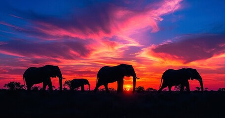 Fototapeta na wymiar The Stunning Silhouette of Elephants Under a Vivid Sunset Sky