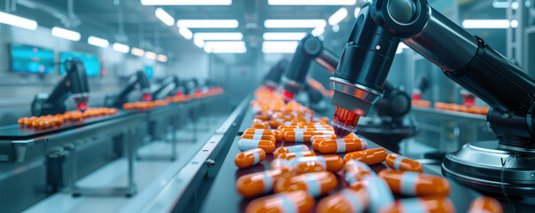 Automated pharmaceutical manufacturing facility with robots synthesizing custom medications based on genetic profiles - obrazy, fototapety, plakaty