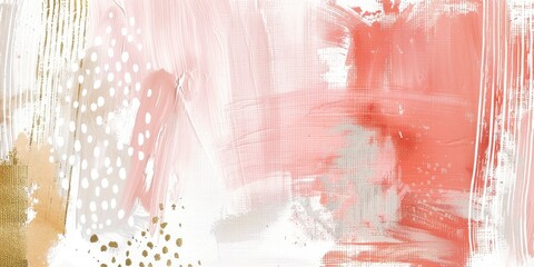 Abstract Fusion Broad Strokes with Pink, Coral, Beige, and White Accents, Enhanced by Gold Painted Doodles on a Lightly Textured Background