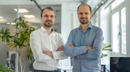 Fototapeta premium Two business partners in a bright office with a white background. They are both looking at the camera with hopeful smiles