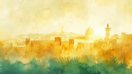 Naklejka premium Watercolor green islamic architecture Landscape