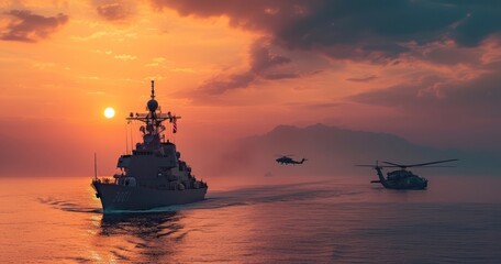 The Commanding Presence of a Special Forces Destroyer and Its Aerial Companion in a Majestic Maritime Setting - obrazy, fototapety, plakaty