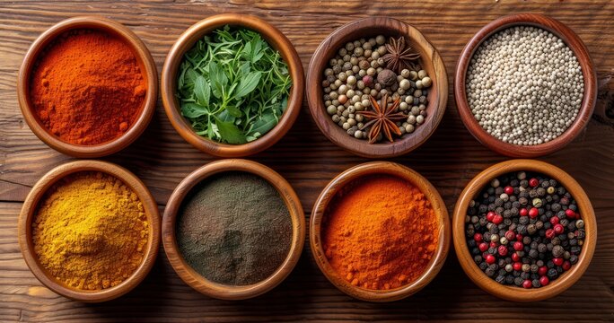 A Rich Assortment of Global Spices Presented in Bowls on a Textured Wooden Counter