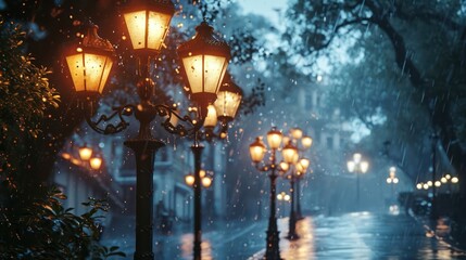 contemplative rain sky scene with ample copy space, captivated by the soft and muted tones of street lanterns, evoking a peaceful and intimate atmosphere