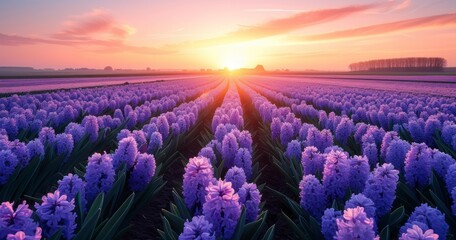 Obraz premium Breathtaking Fields of Hyacinths in Full Bloom Against the Canvas of a Fantastic Sunset
