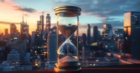 An Hourglass Set Against a Panoramic Urban Skyline Reflecting the Pace of City Life - obrazy, fototapety, plakaty