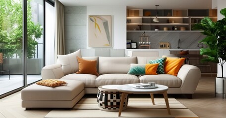 A Modern Living Room Featuring a Stylish Sofa and Chic Furniture Arrangement