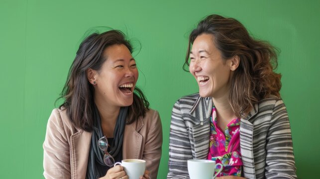 Two colleagues, one introverted and reserved, the other outgoing and bubbly, share a laugh over coffee in the break room. The background is a calming green,