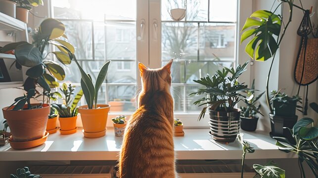 Cat observing the outdoor view from an indoor plant-filled window.