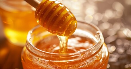 A Detailed Closeup of Pouring Fragrant, Aromatic Honey into a Jar - obrazy, fototapety, plakaty