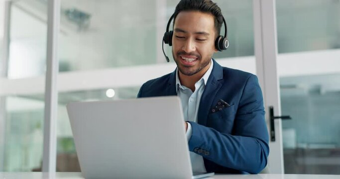 Laptop, smile and business man in call center office with headset for customer support or service. Computer, contact and communication with happy employee working in tech agency for consulting