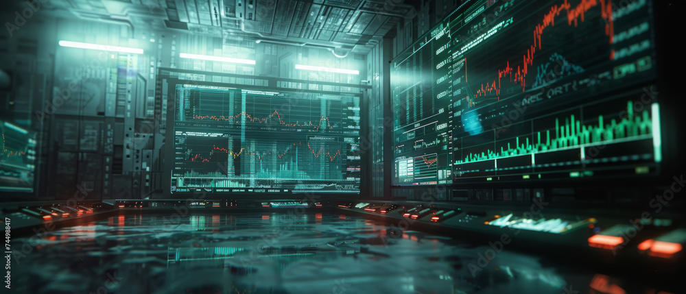 Poster futuristic server room with glowing led screens displaying graphs, charts, and data analytics. the i
