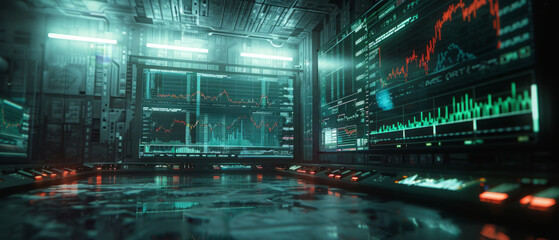 Futuristic server room with glowing LED screens displaying graphs, charts, and data analytics. The interior reflects advanced technology with a sci-fi ambiance.