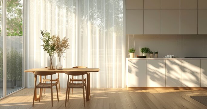 White Folding Reeded Glass Partition Captures and Diffuses Sunlight in Kitchen and Dining Space
