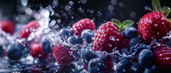 Fresh mixed berries with water splash on a dark background, capturing the dynamic motion of water droplets