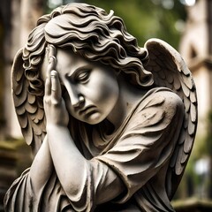 Ancient stone statue of crying sad angel with tears in face as symbol of death and end of human life