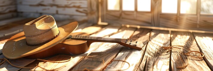 Country music guitar and cowboy hat in modern 3D animation style
