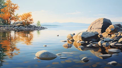 Deurstickers Present a serene lake scene with stones casting reflections on calm water. © Muhammad
