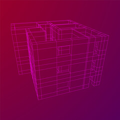 Architecture building. Modern house plan. Wireframe low poly mesh.