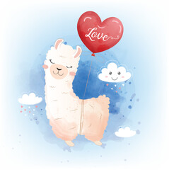 Cute alpaca on the balloons. happy valentine's day greeting card. love is in the air.