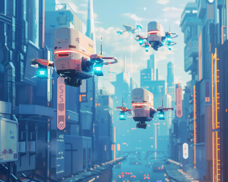 Winged robots delivering parcels in a bustling smart city showcasing synergy between AI and everyday life