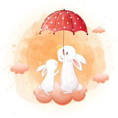 cute Bunny love in the rain golden sky