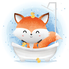Cute fox in a bubble bath