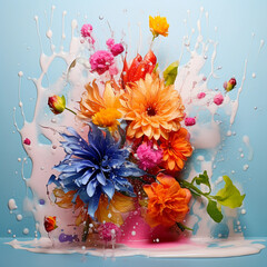 A Colorful arrangement of flowers with liquid splashes 
