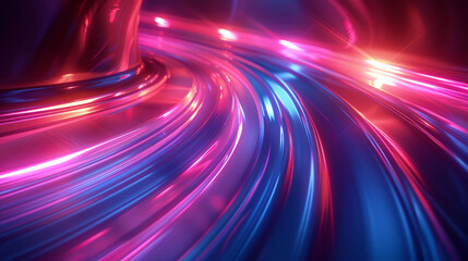Abstract dynamic background with swirling blue and pink neon light trails on a dark backdrop. The image suggests motion and futuristic technology.