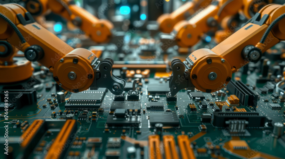 Poster a high-tech image showcasing robotic arms engaged in precision work on an electronic circuit board, 