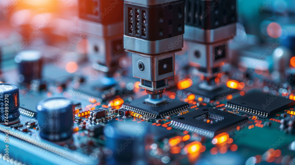 Poster close-up view of a robotic arm engaged in precision work on an electronic circuit board with illumin