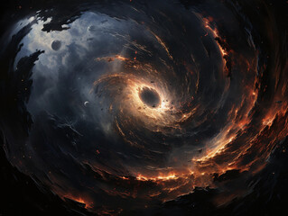 A distant spiral galaxy with a black hole in the center spraying elements outward. 