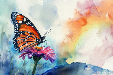 A wondrous watercolor illustration of a butterfly perched on a flower, with a rainbow in the background - obrazy, fototapety, plakaty