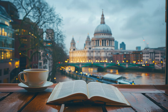 A serene scene with an open book and a coffee cup on a wooden table, overlooking a cityscape with an iconic domed building and a bridge during twilight