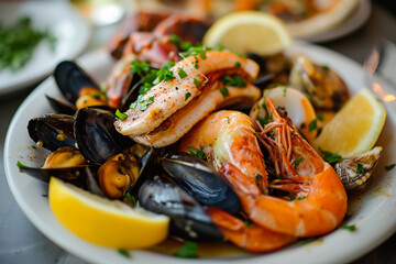 A plate of seafood with a variety of shellfish and fish. The plate is garnished with lemon wedges and parsley