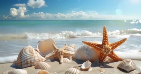 Fototapeta na wymiar The Natural Beauty of Seashells and Starfish Gracing a Tropical Sandy Beach
