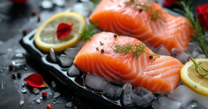 Exquisite Succulent Salmon Fillets on Ice, Garnished with Lemon and a Hint of Rose