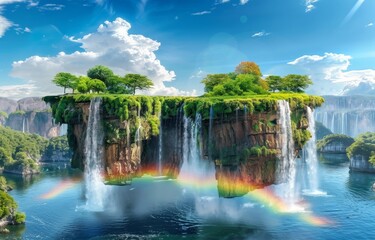 A surreal landscape with floating islands cascading waterfalls and a rainbow connecting the islands under a clear blue sky - obrazy, fototapety, plakaty
