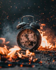 An antique clock surrounded by smoldering embers symbolizing the burnout from chasing relentless deadlines - obrazy, fototapety, plakaty