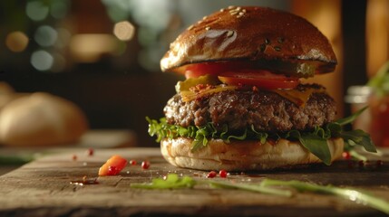 artisanal burger high quality beef patty gourmet toppings served on a wooden board urban chic ambiance close up shot showcasing layers - obrazy, fototapety, plakaty