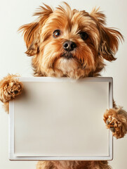 A cute brown and tan Yorkshire Terrier dog stands on hind legs, holding a blank white sign with its front paws, looking directly at the camera with an expressive face against a neutral background.