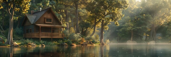 Log cabin in the forest near the lake during the summer season - obrazy, fototapety, plakaty